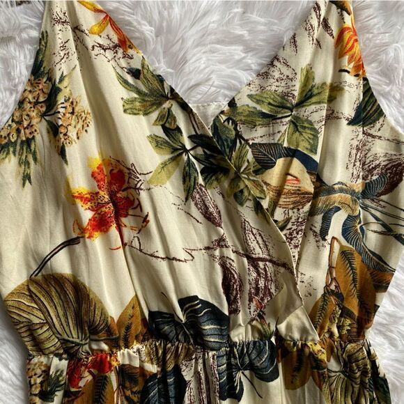 Tropical Hawaiian Floral Pants Jumpsuit Slit Legs Tie Ankle Elastic Waist Thin - Picture 4 of 10